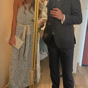 Retrofete one shoulder sequin gown silver